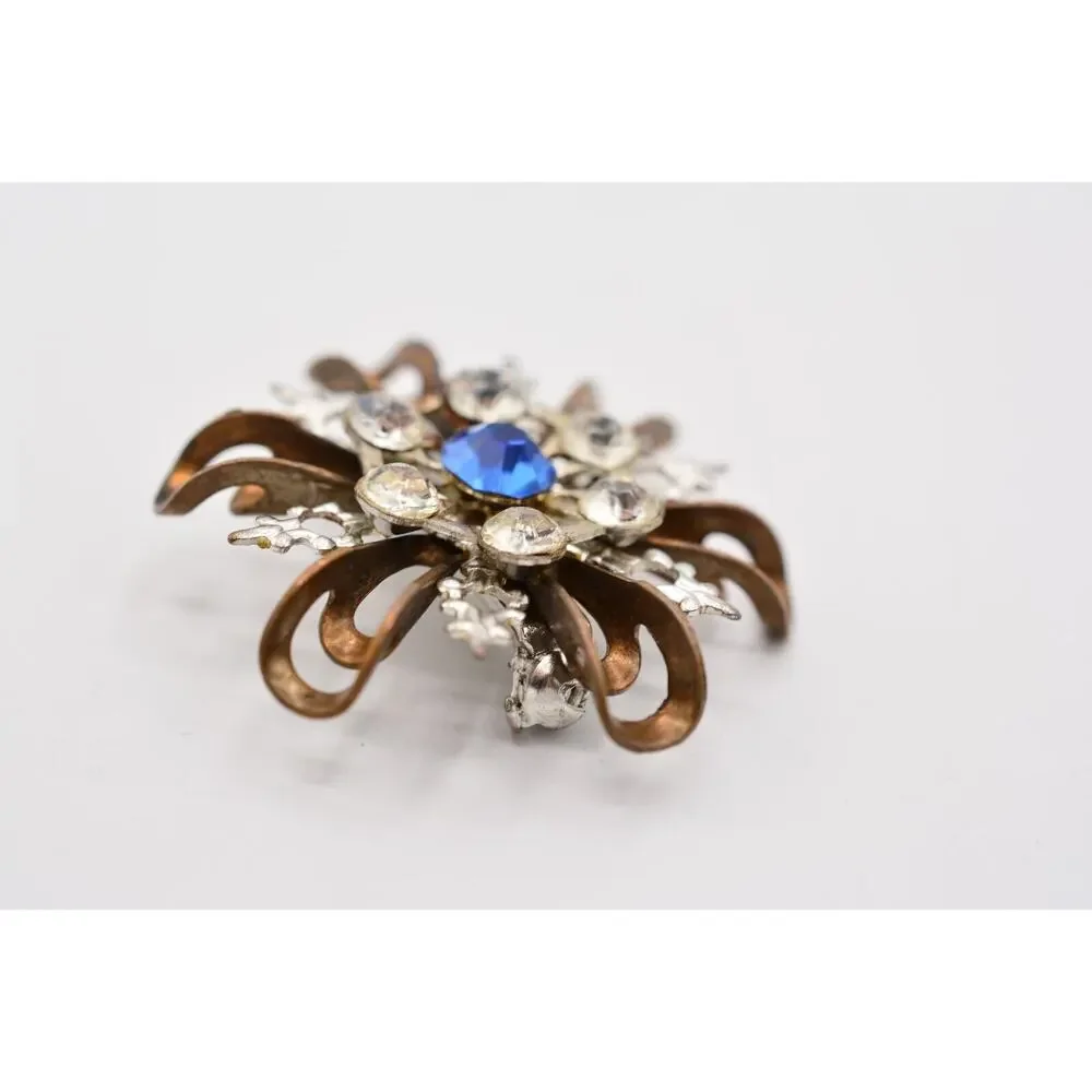Vintage Flower Pin Brooch Brass Tone Metal Blue Rhinestone 3D Elegant 70s BinAL